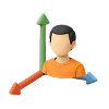 En 3D-illustration af en person i en orange trøje placeret i et koordinatsystem med røde, grønne og blå piler, der repræsenterer X-, Y- og Z-akserne