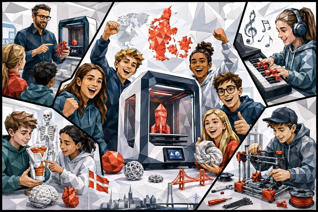 3d-print-skoler-undervisning Illustration i tegneseriestil af elever og lærer, der arbejder med 3D print i skolen med 3D printere, modeller og kreativ undervisning
